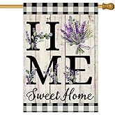 ORTIGIA Spring Summer House Flag 28 x 40 Inch Double Sided Burlap Home Sweet Home Purple Lavender Floral Flower Flag Yard Holiday Outdoor Outside Wedding Anniversary Decoration (Large)
