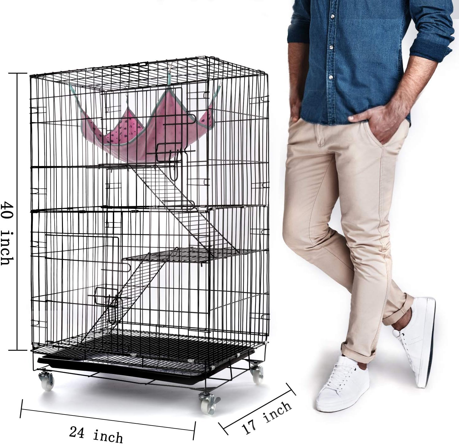 AVEEN 3-Tier Small Cat Cage Playpen Box Kennel Crate with 2 Front Doors & Free Hammock - 40 x 24 x 17 Inches（Black） : Kitchen & Dining