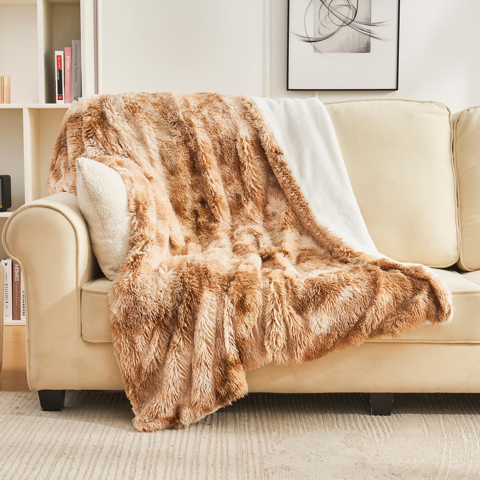 EMME Faux Fur Blanket, Super Soft, Thick and Elegant, Fluffy Microfiber Fleece Blanket, Warm Cozy Reversible Throw, Tie Dye Brown, 130 x 150 cm โ image 1