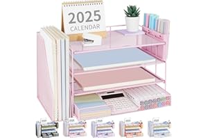OPNICE Desk Organizer and Accessories, 4-Tier Desktop File Organizer with Drawer and 2 Pen Holders, Office Desk Accessories, File Sorters, Workspace Organizers for Office Supplies(Pink)