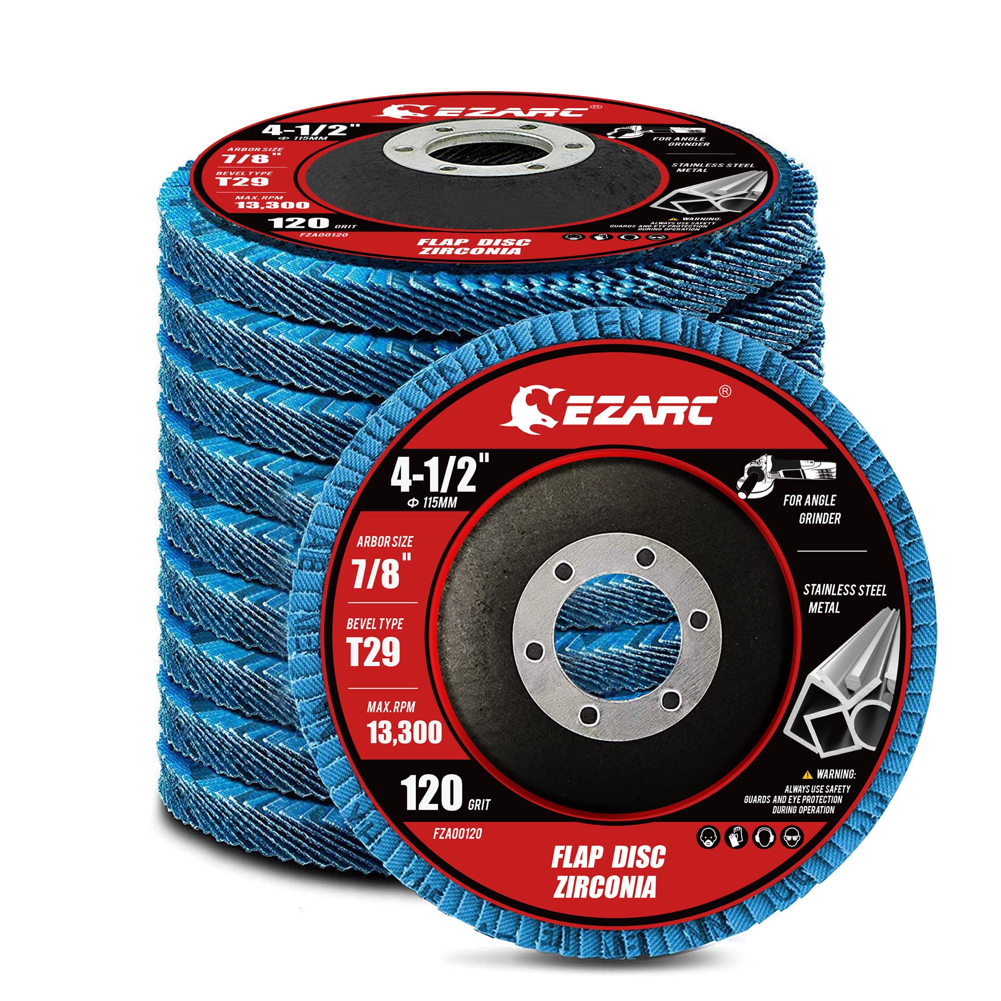 ezarc flap disc 4 1/2 inch for anger grinder, 10 pcs 120 grit zirconia grinder sanding disc, type 29 abrasive grinding wheel for stainless steel, sheet metal (7/8 inch arbor size)