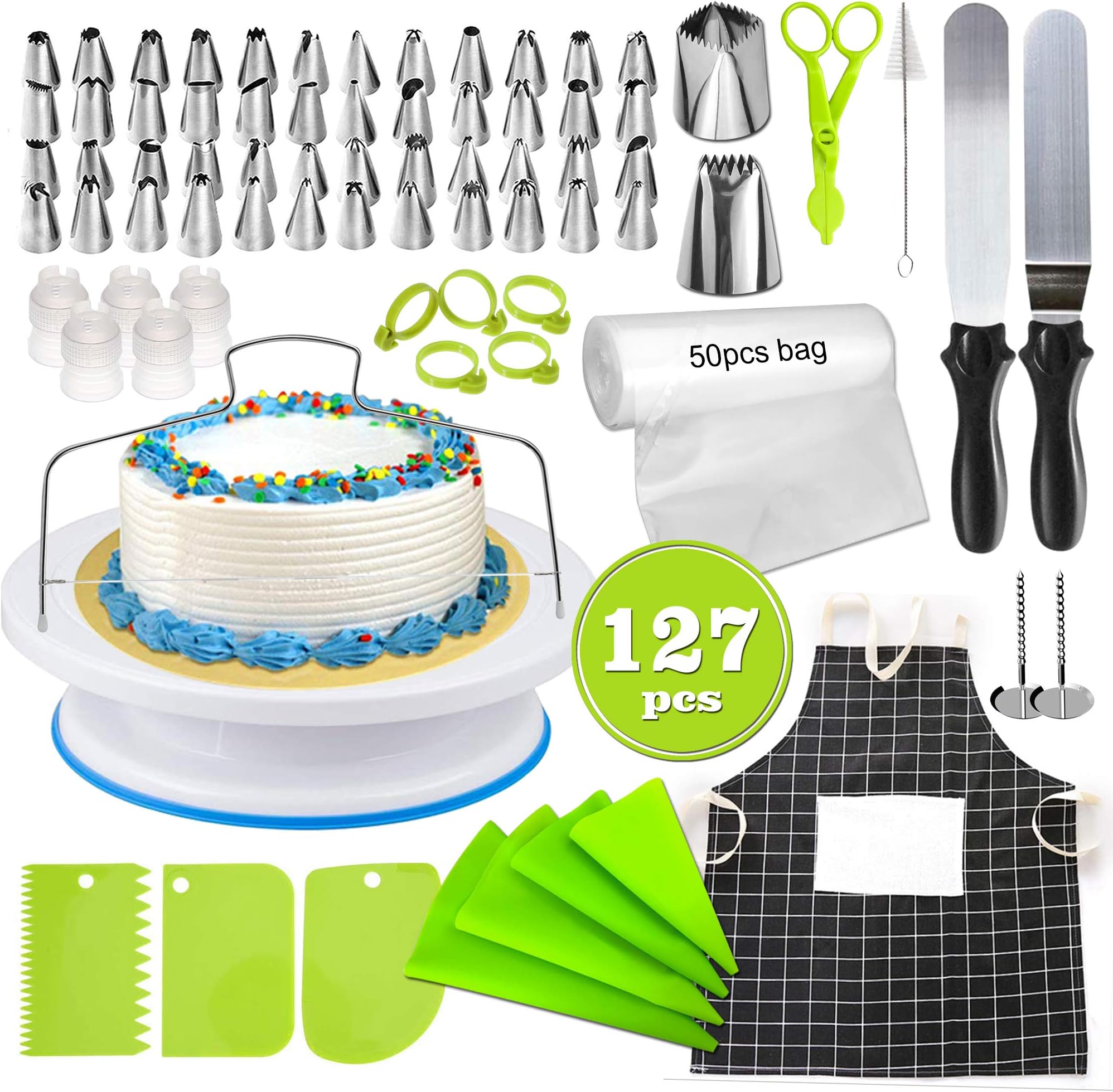 Joyeee Cake Decorating Equipment, Professional Cupcake Decorating Kit Cake Rotating Turntable Stand with Nozzles Piping Bags and Tips Set, Spatula and Cake Scrapers, Smoother Pastry Tools