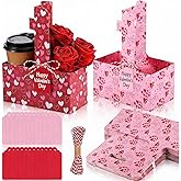 AmazingSpark 24 Set Valentine's Day 2 Cup Drink Carrier with Handle - Red Pink Heart Coffee Cup Holders Floral Gift Bags with Card and Rope for Valentine's Party Gift