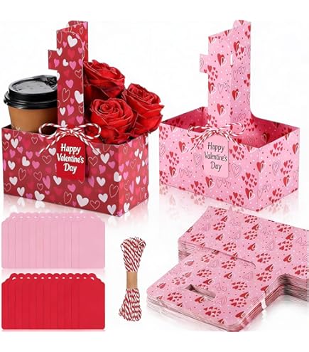 MotiMind 100 Pack 2 Cup Drink Carrier With Handle Kraft Paperboard Cup Holder Portable For Valentine Mother's Day Teachers' Day For Hot Cold Drinks Coffee Caddy With Heart Card Rope (Red,Pink