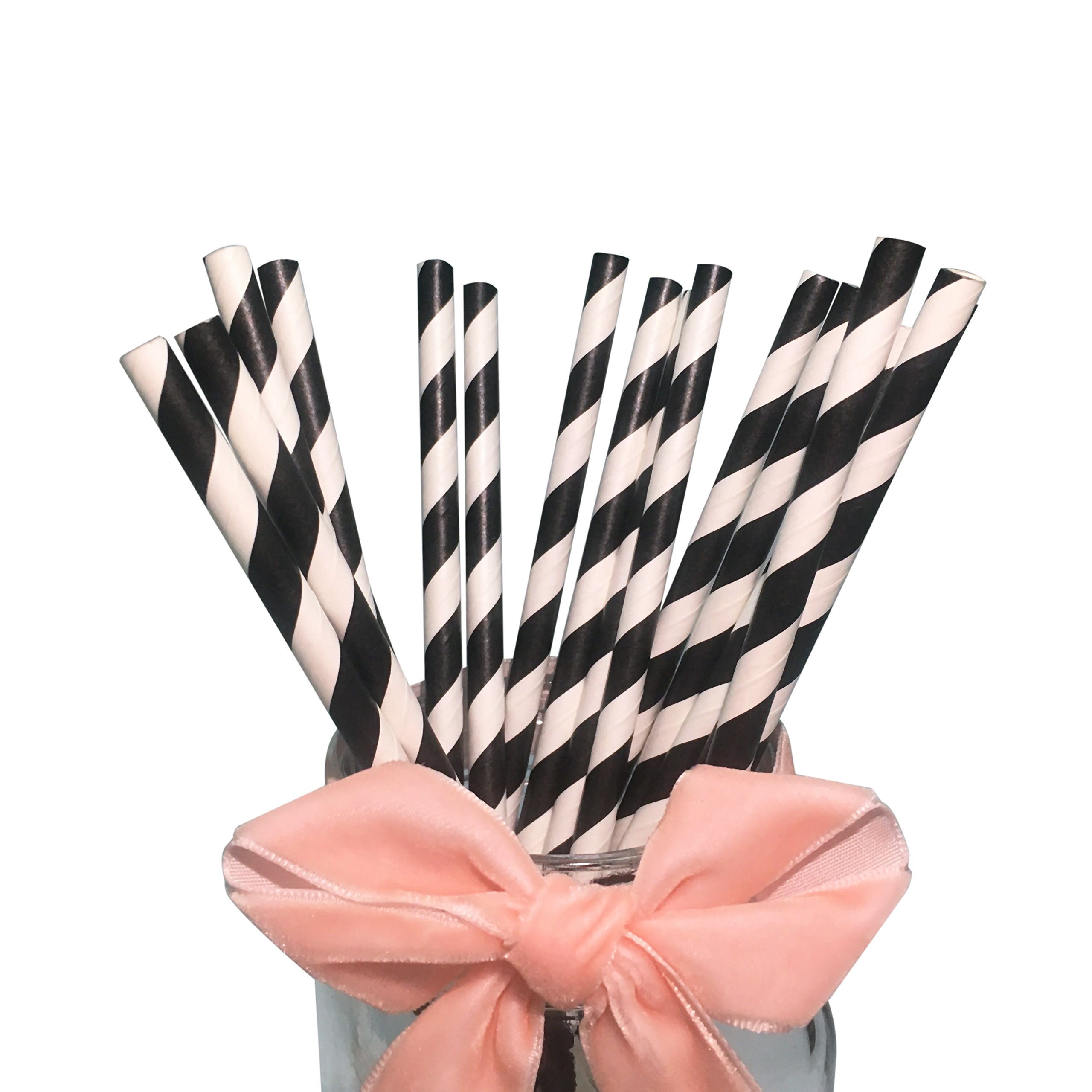 YYECO Black and White Paper Drinking Straws, Disposable Black Striped Paper Straws Biodegradable Cocktail Whisky Drinking Straws - Pack of 100