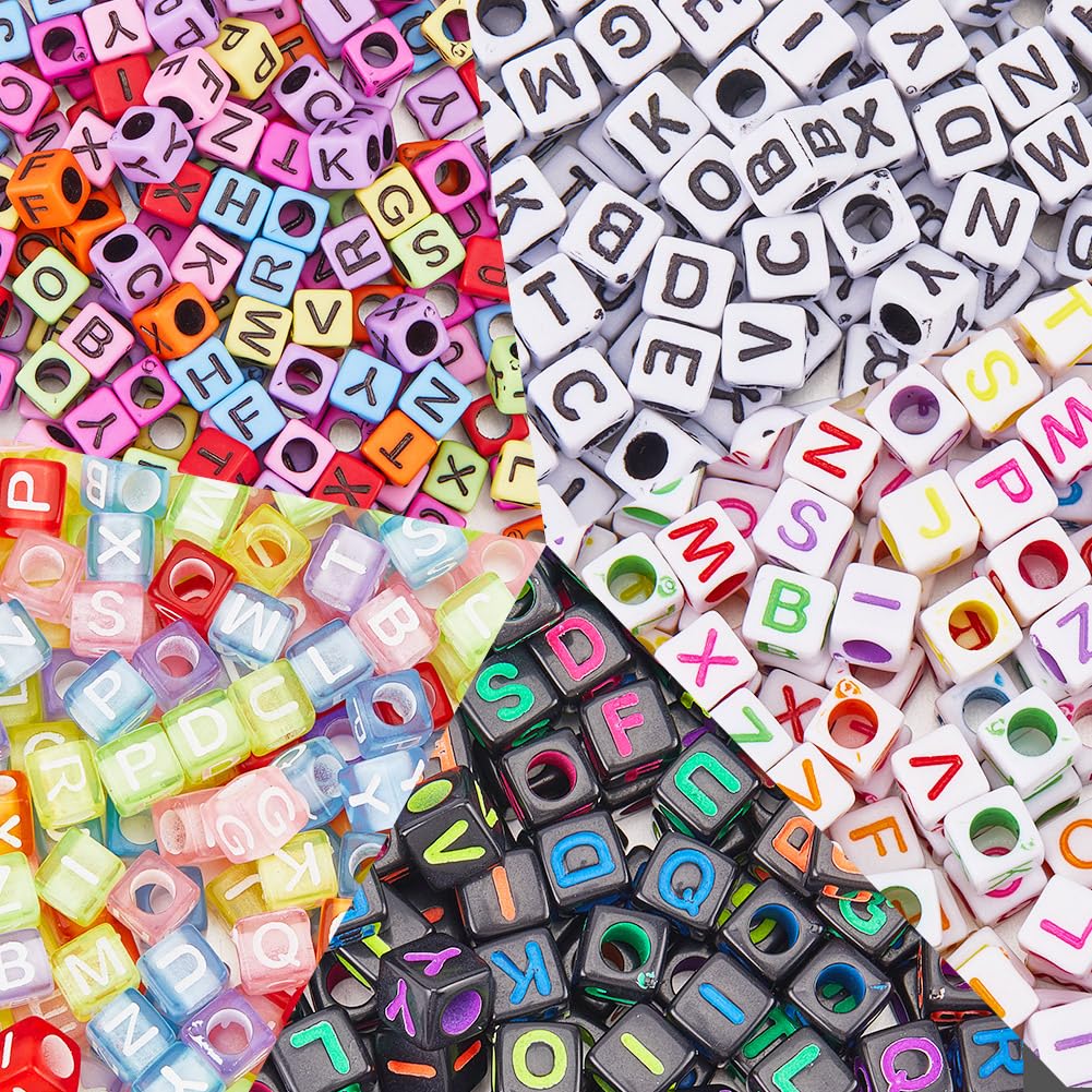 SOFPLATE 1000pcs 5 Styles Letter Beads Cube Acrylic Square Letter Beads Plastic Transparent Colorful Clear A-Z Alphabet Beads Bulk For jewellery Making Friendship Bracelet Necklace Key Chain Beading D