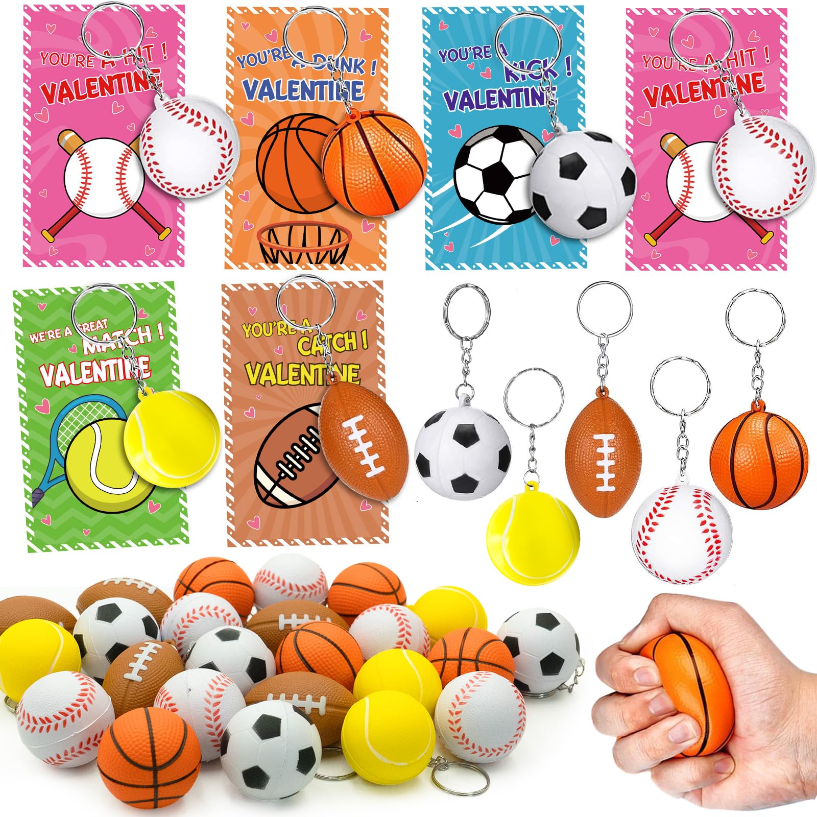 ZICZLI 30 Pack Sports Valentines Cards Gifts for Kids School Classroom Squeeze Foam Balls Keychain Stress Relief Valentine Exchange Gift Prizes Class Game Valentine Party Favors for Kids Girls Boys