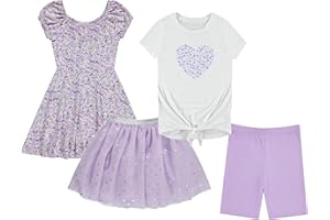 BTween Girls 4-Pack Dress Wardrobe Sleeveless Dress, T-Shirt, Shorts, Skirt - Aqua, Flora, Laven, Pink - Sizes 4/5 to 14-16