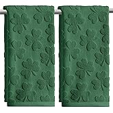 Artoid Mode 2 Pcs Dark Green 3D Shamrock Jacquard Patrick Hand Towels for Bathroom, 100% Cotton Soft Absorbent Bathroom Decor Towels, 13.7 x 29.5 Inch