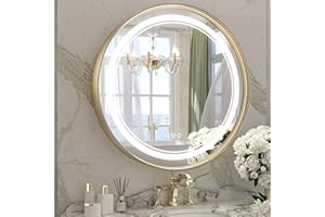Keonjinn 24 Inch Led Round Gold Bathroom Mirror with Front Lights Framed Frontlit 3 Color Temperature Dimmable Wall Mounted M