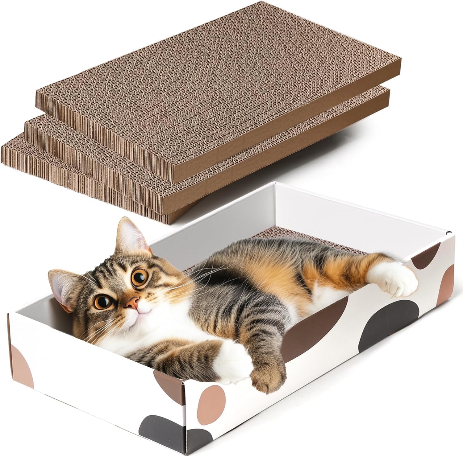 ComSaf Cat Scratching Board Mat, Reversible Cat Cardboard Scratcher Bed 43 x 26 x 8 cm, 3 Pack Durable Scratch Pad for Indoor Cats to Grind Claws, Playing, Sleeping