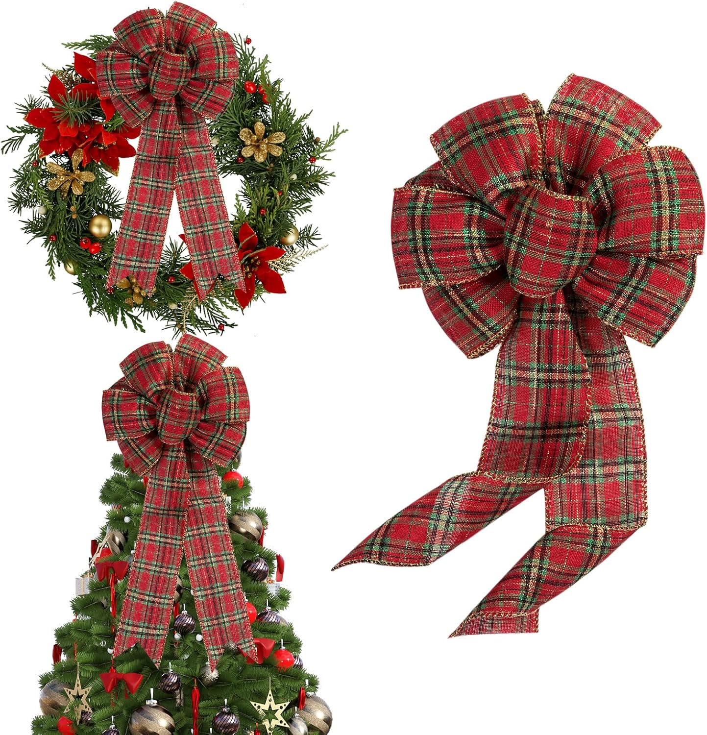 Bows & Ribbons - Red&Green Burlap Buffalo Plaid Bows for Christmas Rustic Farmhouse Decoration Ribbon Bows with Gold Edge for Wreaths Garland Tree Toppers Indoor Outdoor Decor 8