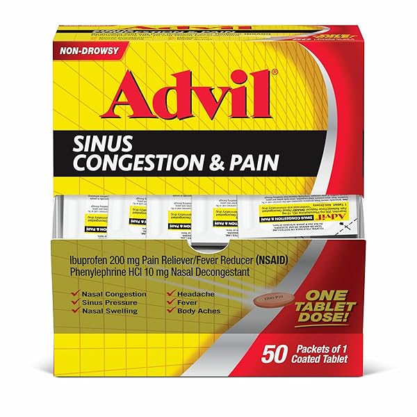 ADVIL SINUS CONGESTION AND PAIN, SINUS RELIEF MEDICINE, PAIN RELIEVER AND FEVER REDUCER WITH IBUPROFEN AND PHENYLEPHRINE HCL – 50 COATED TABLETS
