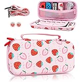 FUNDIARY Pink Strawberry Travel Carrying Case for Nintendo Switch and Switch OLED, Shockproof Accessories Bundle for Switch Console Grip with Slim Portable Storage Bag, Shoulder Strap & 2 Thumb Caps