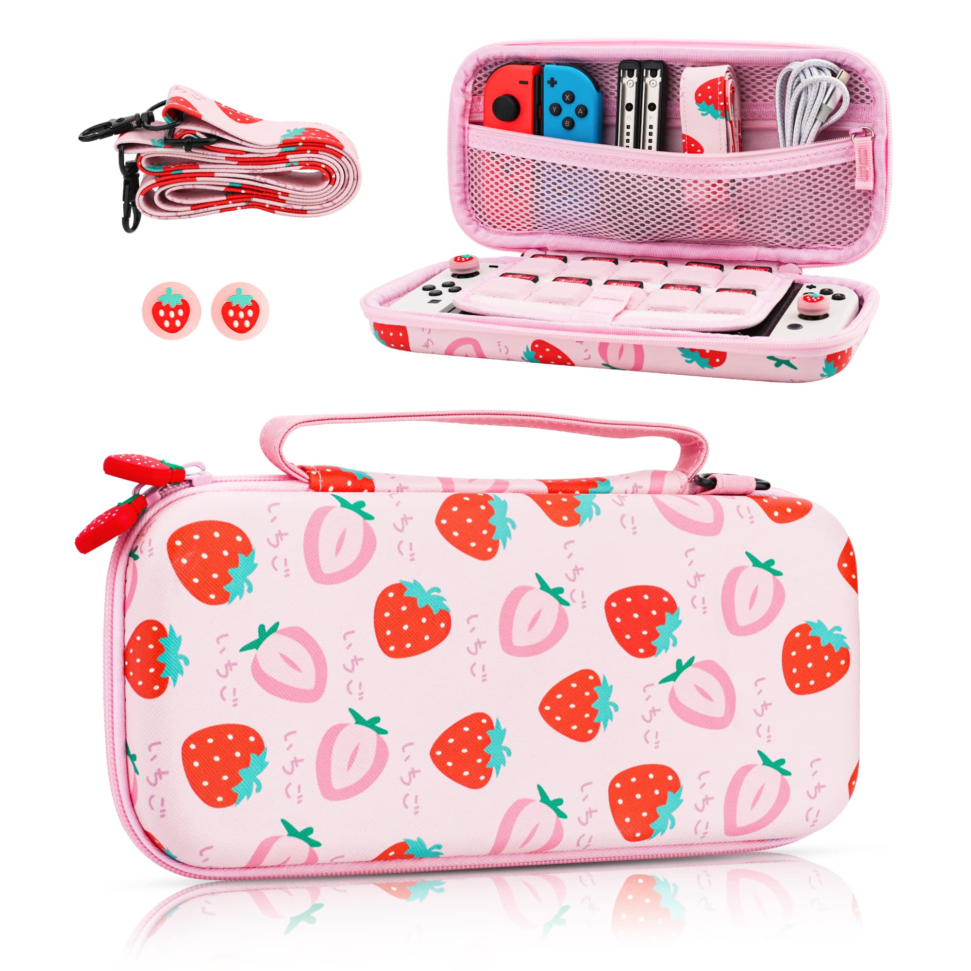 FUNDIARY Pink Strawberry Travel Carrying Case for Nintendo Switch and Switch OLED, Shockproof Accessories Bundle for Switch Console Grip with Slim Portable Storage Bag, Shoulder Strap & 2 Thumb Caps