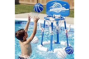 HYES 2 in 1 Pool Basketball Hoop with Backboard & Ring Toss Game - Floating Basketball Toys with 4 Balls, 8 Rings & Pump, Sum