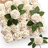 Mocoosy 50Pcs Rose Artificial Flowers, Cream White Fake Roses for Decoration, Real Touch Beige Foam Rose Bulk with Stem DIY Wedding Bouquet Bridal Shower Valentine's Day Floral Arrangement Table Decor
