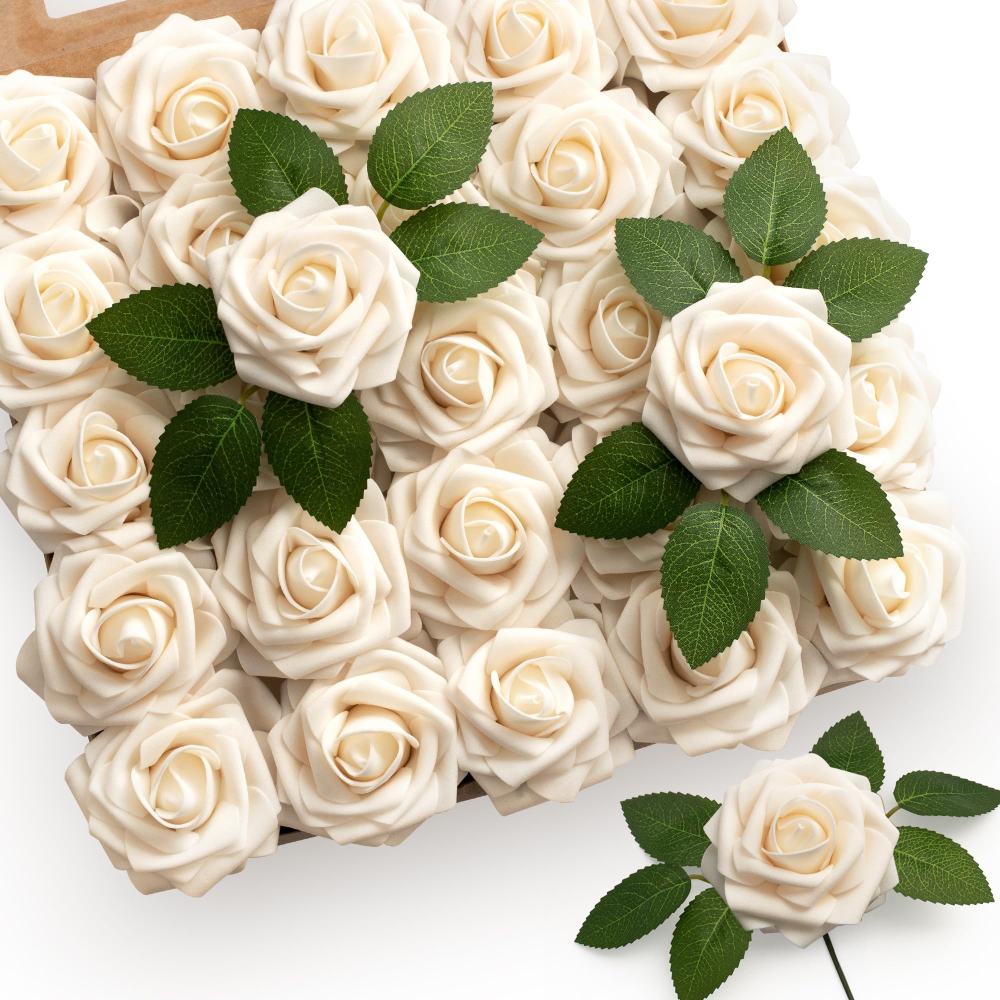 Mocoosy 50Pcs Rose Artificial Flowers, Cream Fake Roses Flowers for Decorations, Faux Cream Foam Rose Bulk with Stem for Wedding Bouquets Centerpieces DIY Crafts Flower Arrangements Home Decor