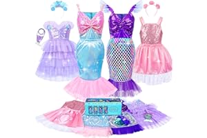 Jeowoqao Mermaid Princess Dress Up Costume, Girls Dress Up Pretend Play Clothes Gift 13Pcs Princess Costume for Little Girls Age 3-6 Years