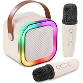 Mini Karaoke Machine, Portable Bluetooth Karaoke Speaker with 2 Wireless Microphones and Light for Family Home Party,Toys for Girls Boys Friends Age 3-12+ Kids and Adults Birthday Gifts. (Beige)