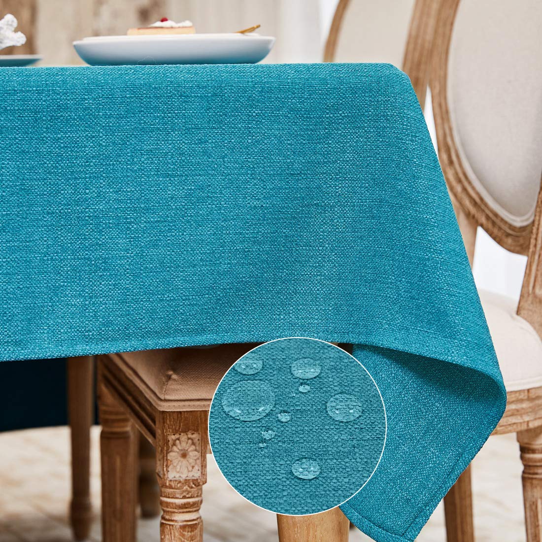 WAITER TREE Table Cloth 145x300 cm Rectangular Wipe Clean Table Cover, Teal Blue Faux Linen Wipeable Waterproof Tablecloth for Outdoor Picnic Dining Kitchen Party - Turquoise