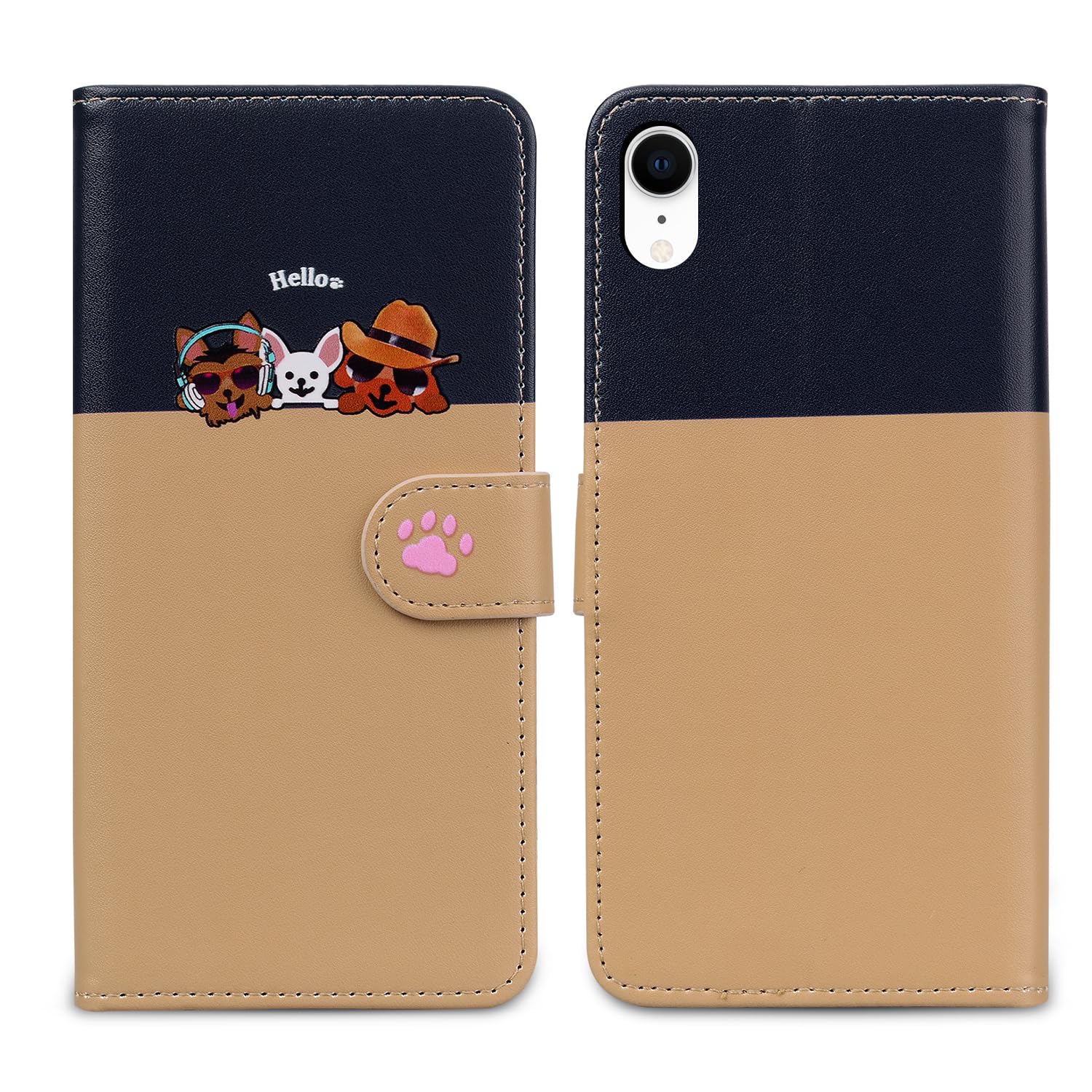 Nbziyoo Phone Case for iPhone XR,Cartoon Cats/Dogs Patterns Flip Wallet Case with Card Slots, Premium Magnetic PU Leather Cover Case for iPhone XR, Khaki