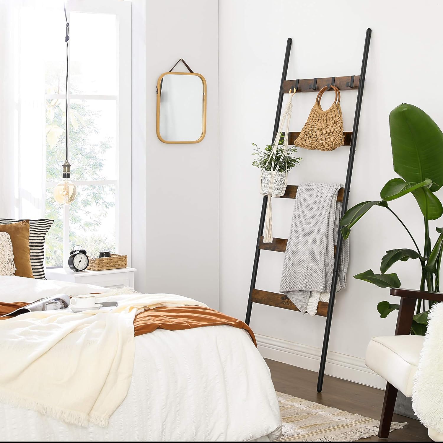 VASAGLE 5-Tier Blanket Ladder Shelf, Wall-Leaning Rack with 4 Hooks, Steel Frame, 23.6 Inch Wide, for Blankets, Scarves, Industrial Style, Rustic Brown and Black ULLS011B01: Furniture & Decor