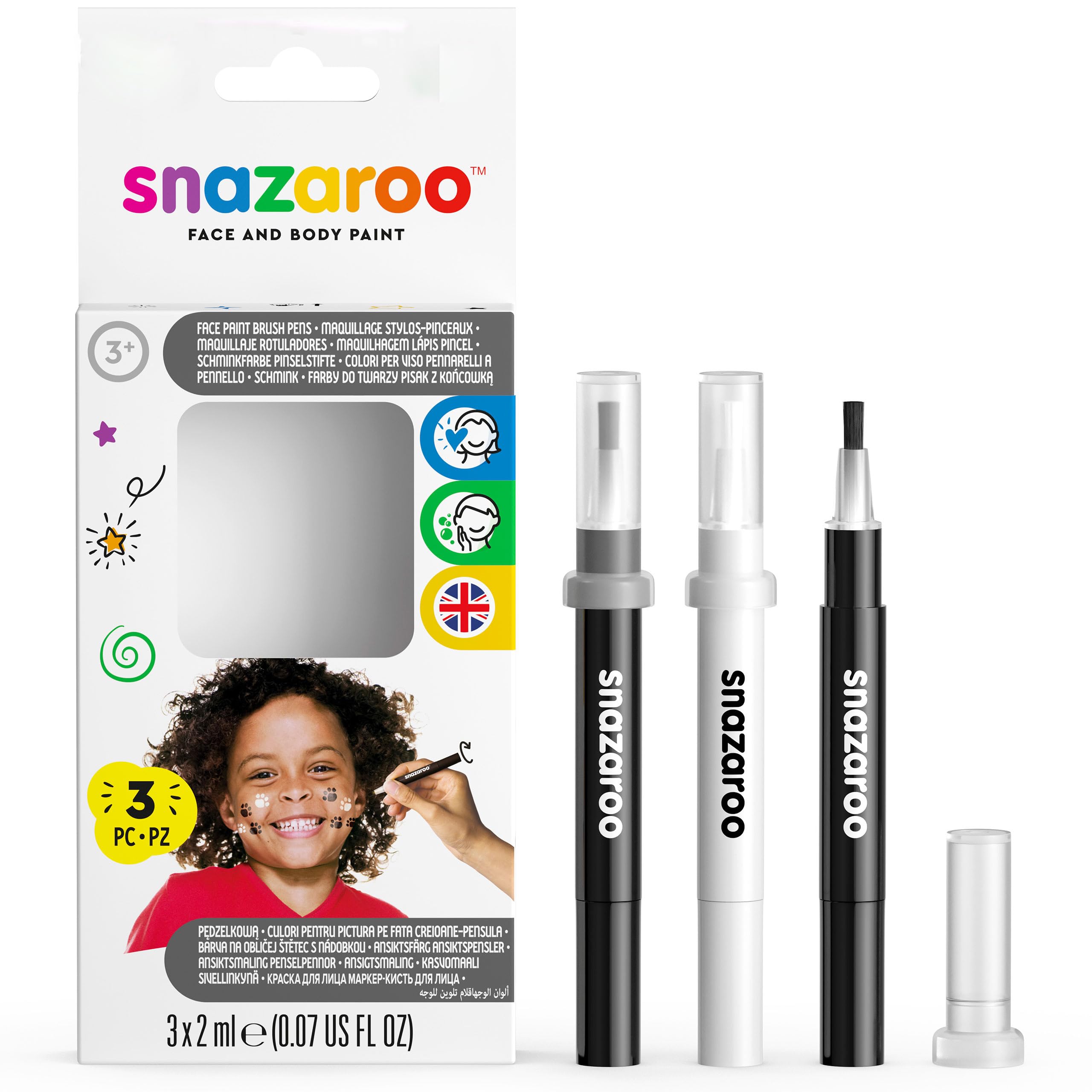 Snazaroo Brush Pens, Monochrome Pack of 3, Safe and Non-Toxic, Precision Brush Nib, for Ages 3+, Black and White (Packaging may vary)