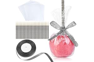 MGWOTH 24 Pack Bling Candy Apple Sticks and Bags Kits, Caramel Apple Wooden Skewers, Bamboo Decorative Sticks for Rice Krispie Treat Cookie Cake Pop Corn Dogs with Glass Wrapper Glitter Ribbons Tie Halloween
