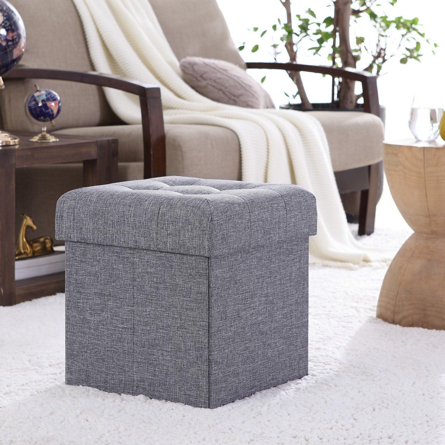 Ornavo Home Foldable Tufted Linen Storage Ottoman Square Cube Foot Rest Stool/Seat - 15" x 15" x 15" (Grey): Kitchen & Dining