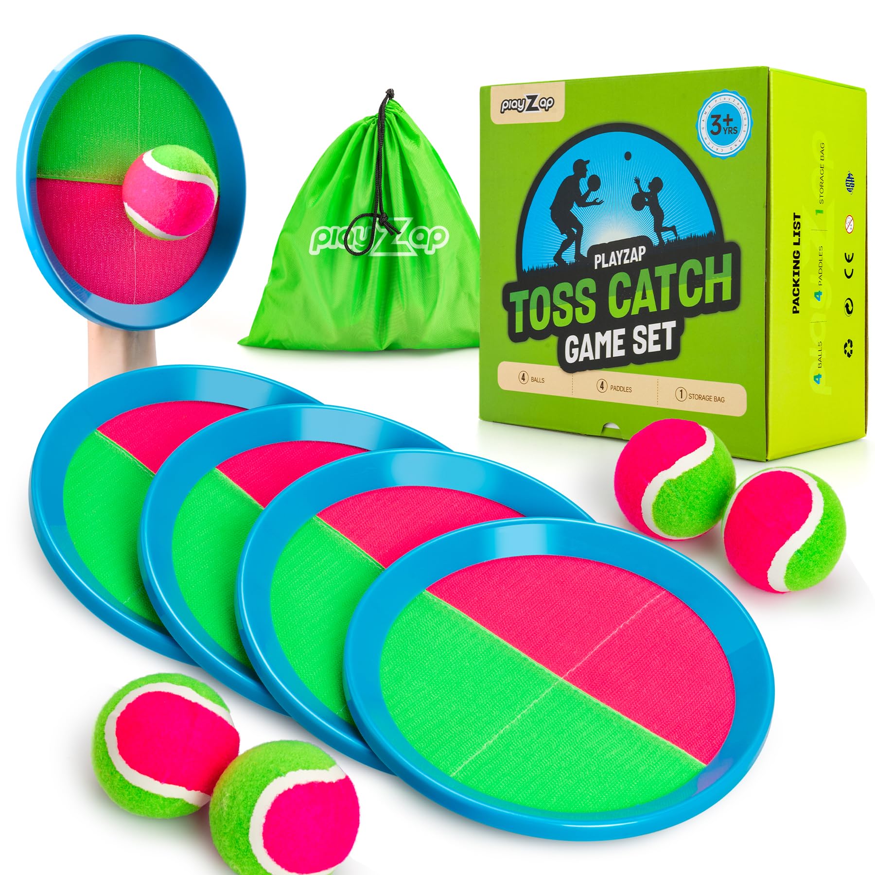 PlayZap Toss and Catch Ball Set - Outdoor Toys for Kids Games - Outside Yard Pool Beach Toys for 3 4 5 6 7 8+ Years Old Boys Girls - Birthday Gift Easter Basket Stuffers
