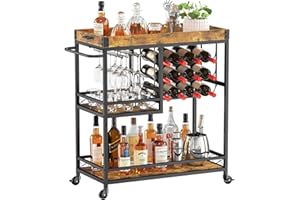 Lifewit Bar Cart, Home Bar Serving Cart, 3 Tier Drink Cart with 12 Wine Bottle Racks, Liquor Beverage Cart for Kitchen Dining Livingroom, 31.5" x 15.7" x 36.6", Removable Top Tray, Rustic Brown