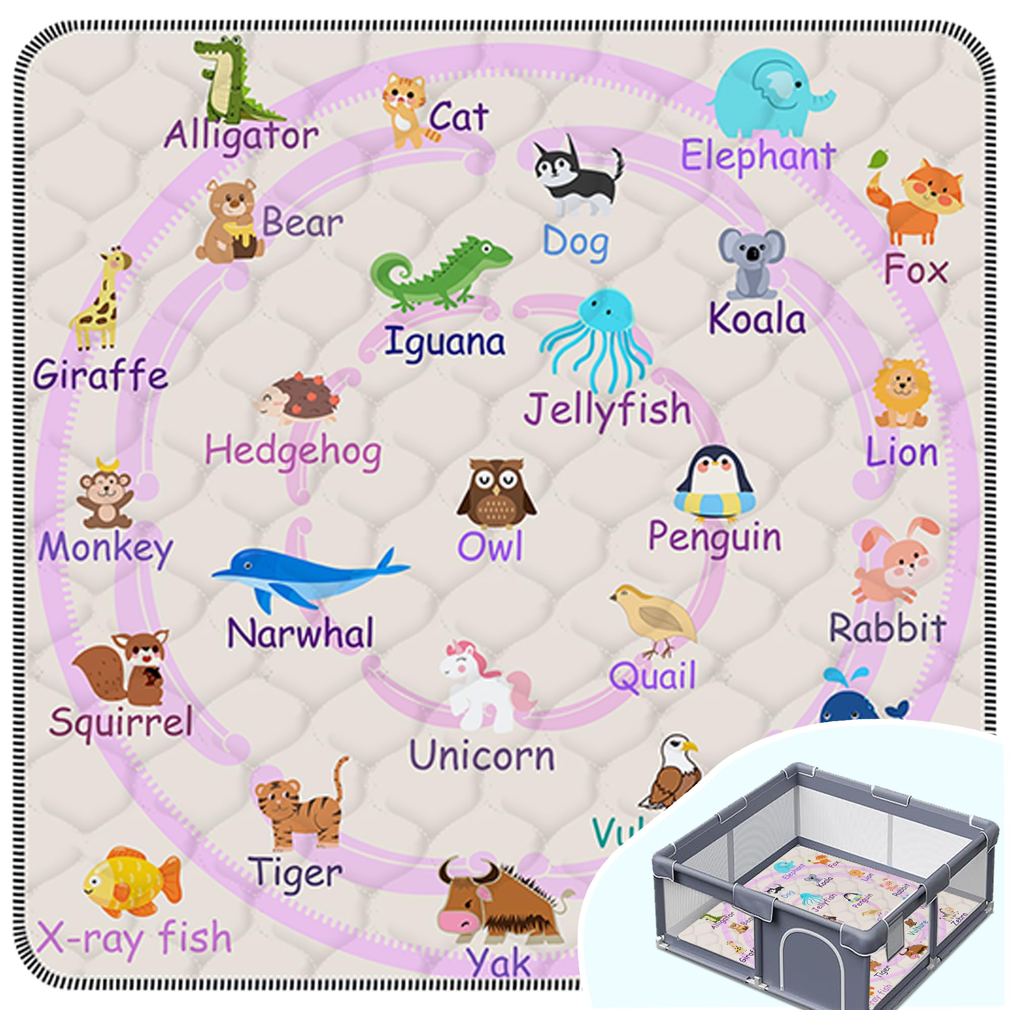Photo 1 of Baby Play Mat?Thick Soft 47" X 47" Playpen mat, Non-Slip and Machine Washable Baby Play Mats for Floor?Crawling Mat for Babies, Toddlers & Infants to Play and Learn (Pink Animal)
