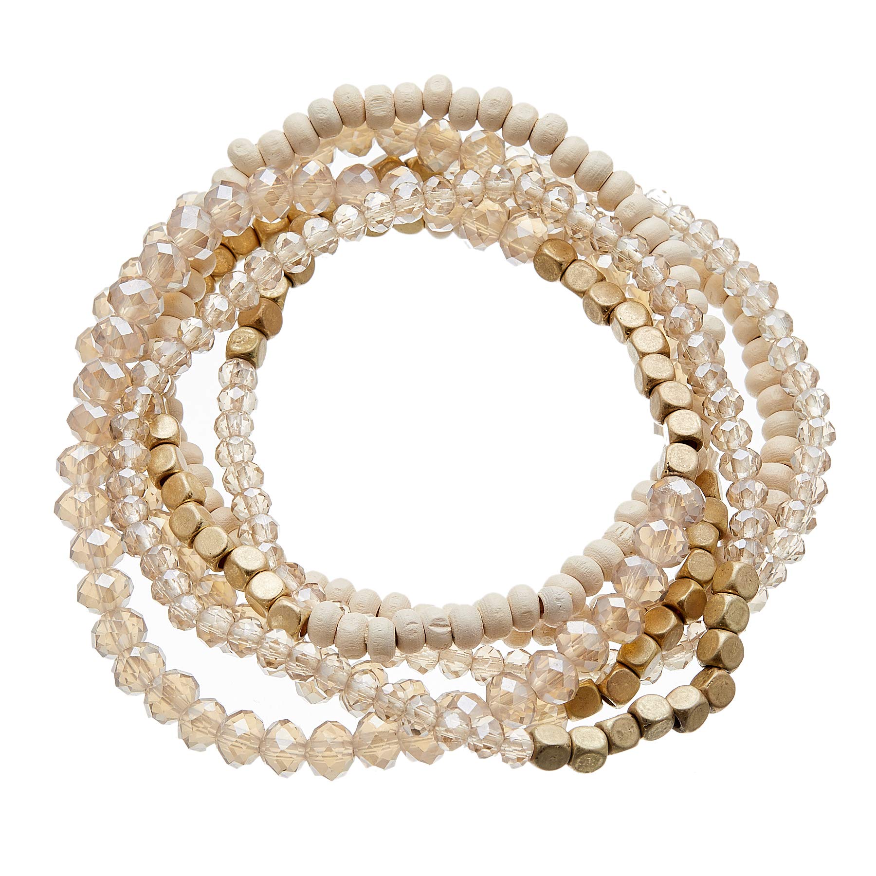 Bello London Set of six stretch bracelets with matt gold plated, glass and wooden beads - Jaxi
