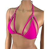 Freya's Boutique Skimpy Triangle Bikini Top Fuschia Rave Outfits Strappy String Adjustable Swimwear Exotic Dancewear Bikini Bra with metallic Connector Handmade