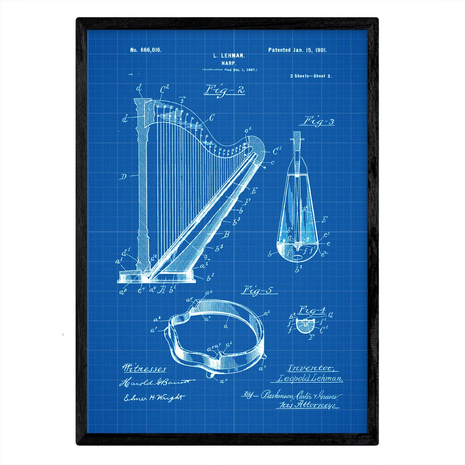 Nacnic Poster patent Harp 2. Foil with old design patent in A3 size with blue background