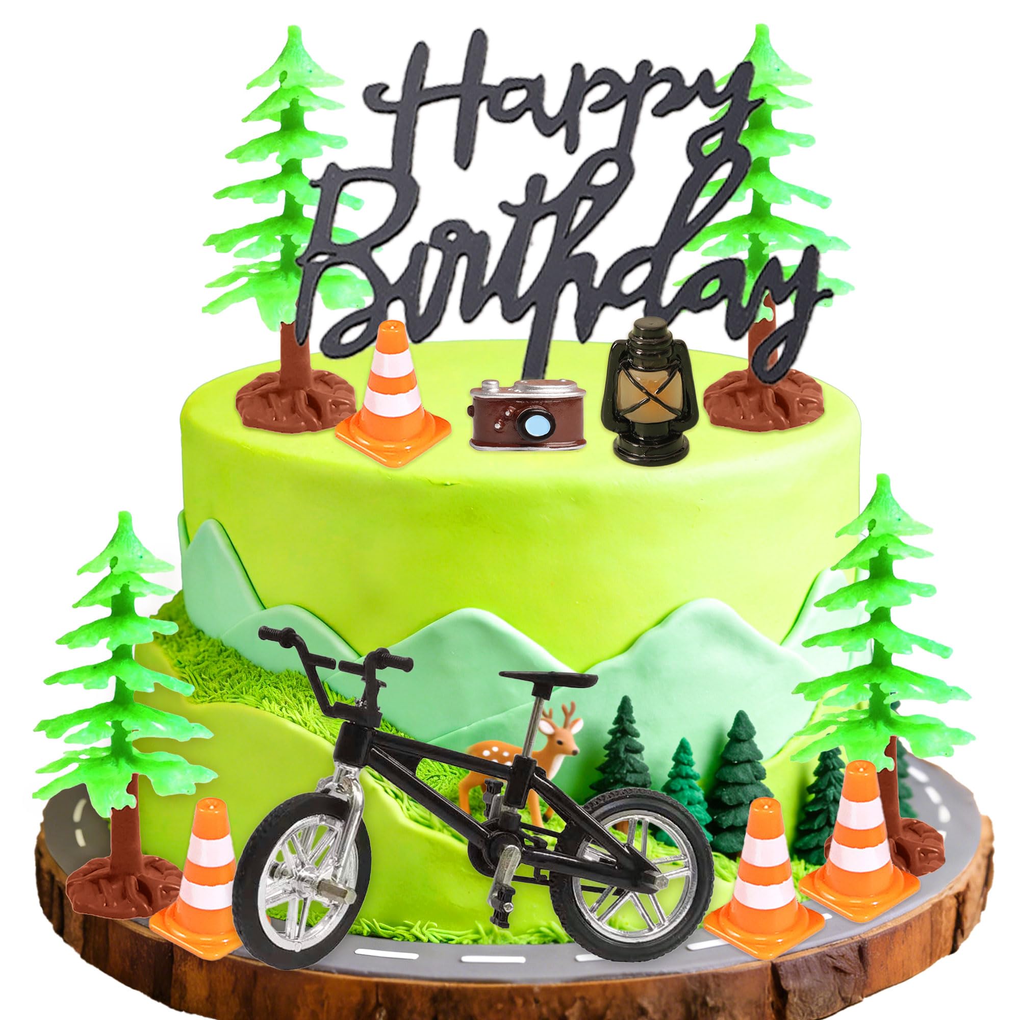 LaVenty Bicycle Cake Topper Bike Cake Decorations for Outdoor Sports Camp Mountain Tree Themed Birthday Party Supplies