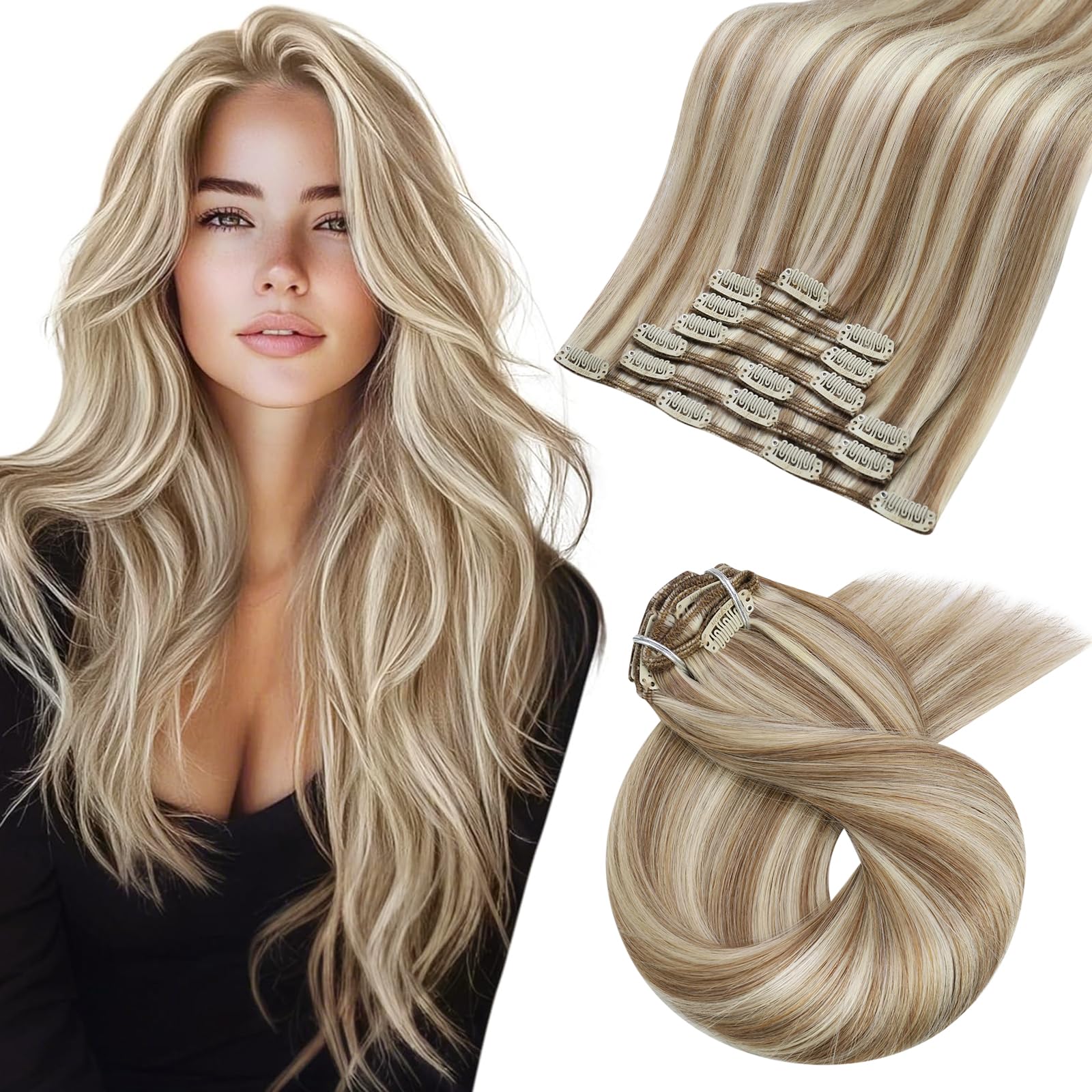 Morsoo Clip in Human Hair Extensions 20 Inch Salon Quality Soft Straight Hair Extensions Clip in Light Brown with Platinum Blonde Easy to Wear 7 Pieces/120g #9A/60 — image 1