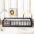 Bellemave Floor Bed for Kids,Twin Size Montessori Floor Bed with Door and Fence,Solid Wood Twin Bed Frame with Removable Slats for Girls Boys,Twin,Espresso