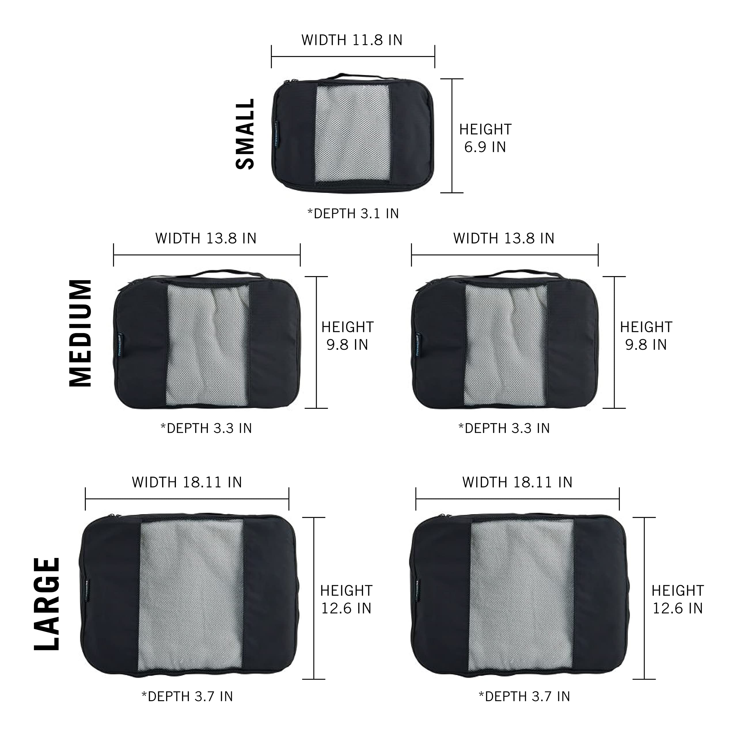 TravelWise Luggage Packing Organization Cubes 5 Pack, Black, 2 Small, 2 Medium, 1 Large