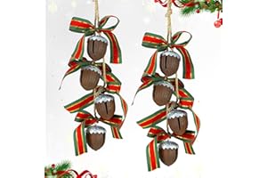 EFOLEYA 2 Pieces Rusty Metal Christmas Bells Ornaments on Rope, Rustic Metal Pine Cone Acorn Jingle Bell for Christmas Tree Holiday Season House Garden Decor.