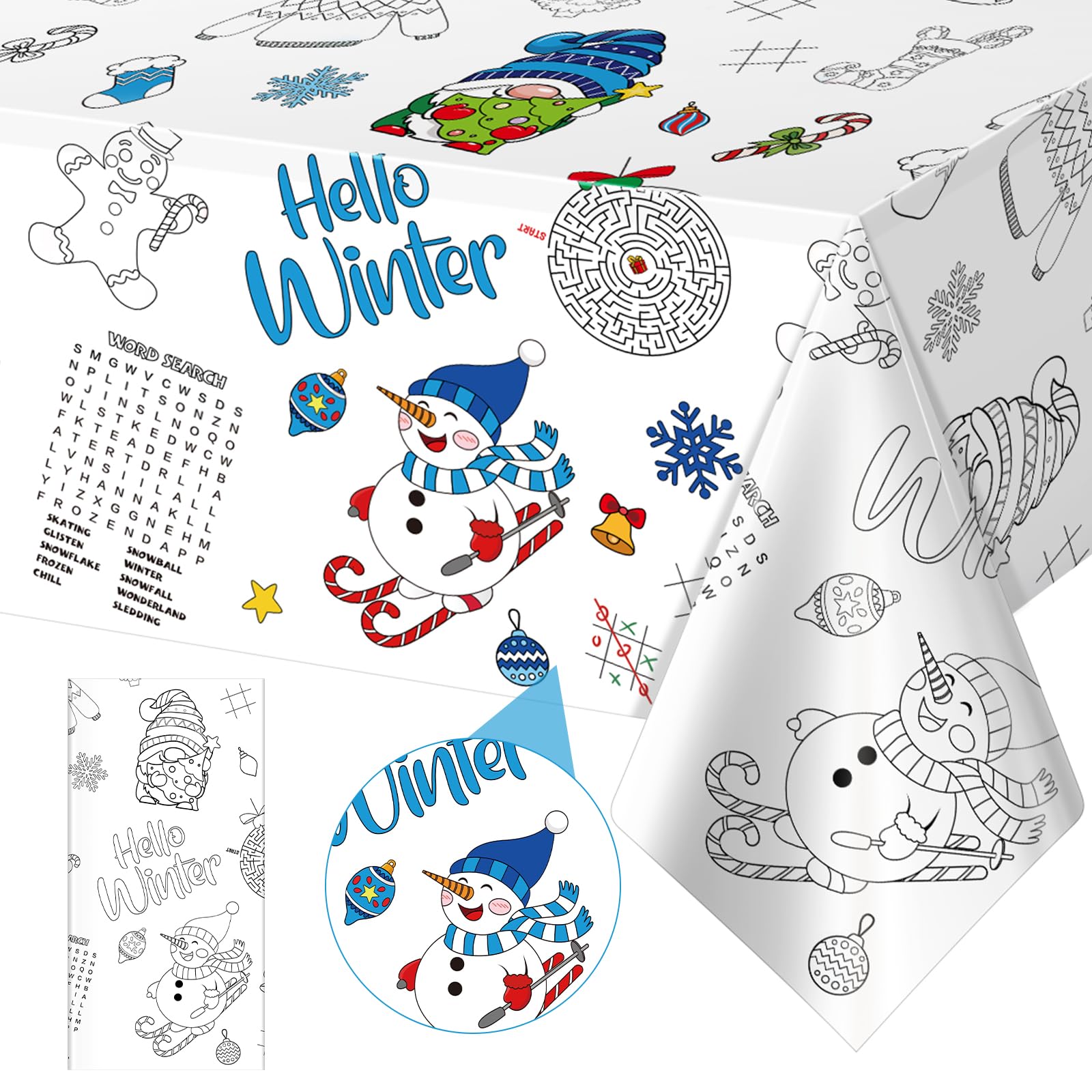 Photo 1 of 1 Pack Winter Coloring Tablecloth for Kids, Disposable Christmas Paper Tablecloth, Snowman Hello Winter Color-in Activity Table Cover for Kids Christmas Holiday Party Decorations, 54 x 108 Inch