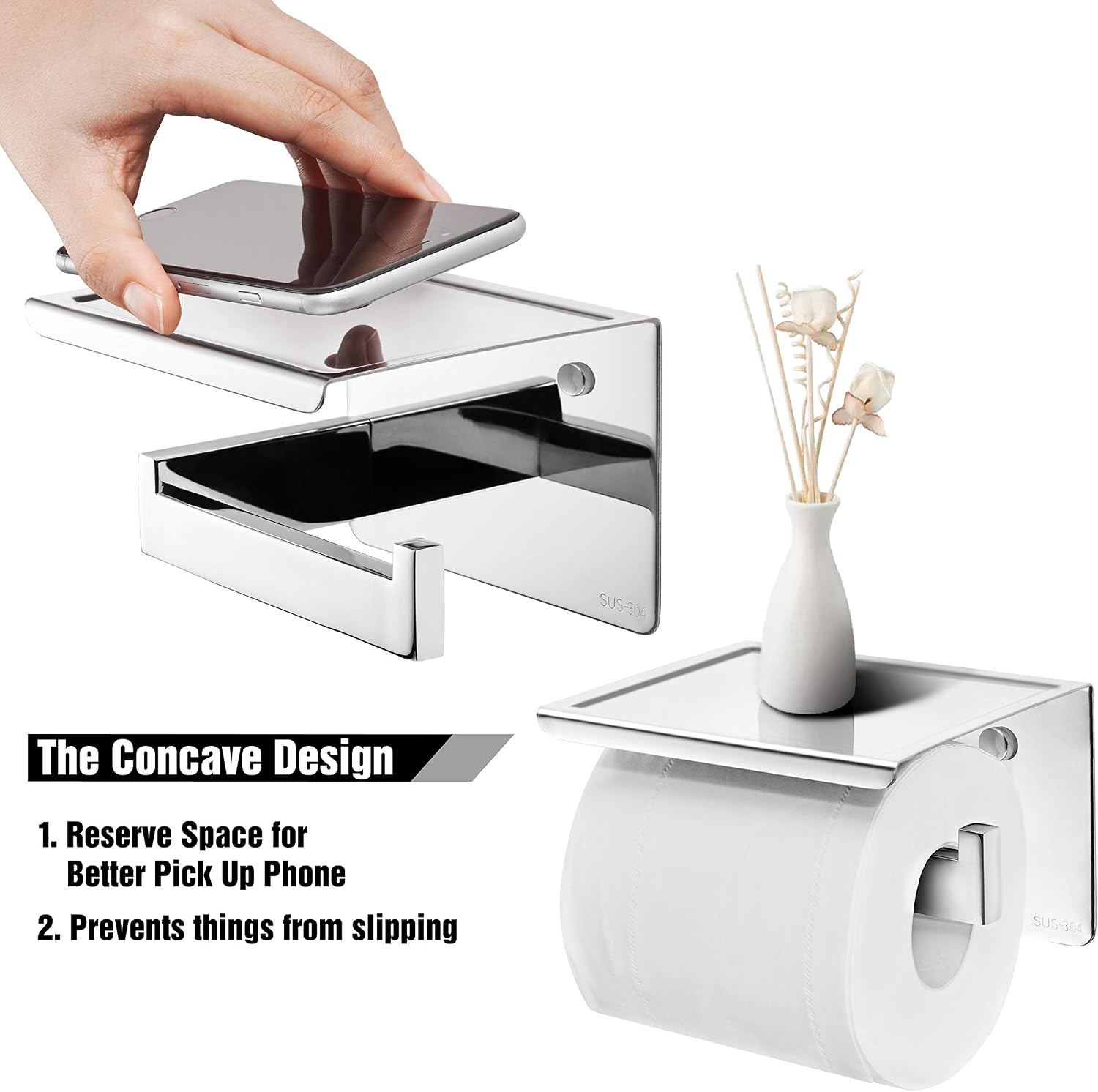 HITSLAM Chrome Toilet Roll Holder with Phone Self, Self Adhesive Toilet Paper Holder for Bathroom SUS 304 Stainless Steel - Image 3