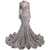 Ikerenwedding Prom Dress Sequins High Neck Mermaid Pageant Evening Party Dress