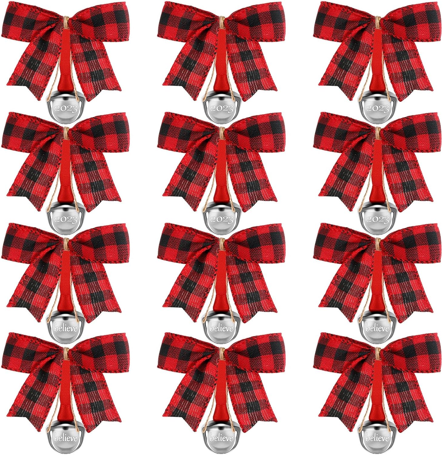 Bows & Ribbons - Bencailor 12 Set Christmas Buffalo Plaid Bows Believe Bell Ornament Decorative Wreath Bow Burlap Ribbon Bow 2023 Silver Bells for Christmas Tree Decoration Indoor Outdoor Craft (Red and Black)