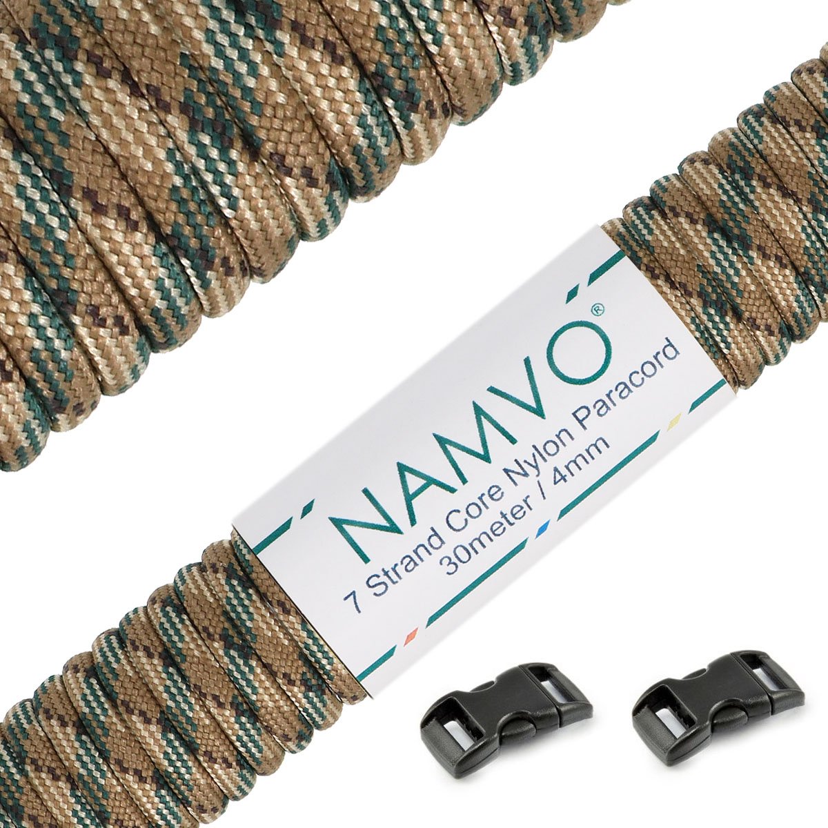 Namvo 550 Paracord Mil Spec Type III 7 strand parachute cord Total Length 100ft / 30 Meters, Camo, Green + gray