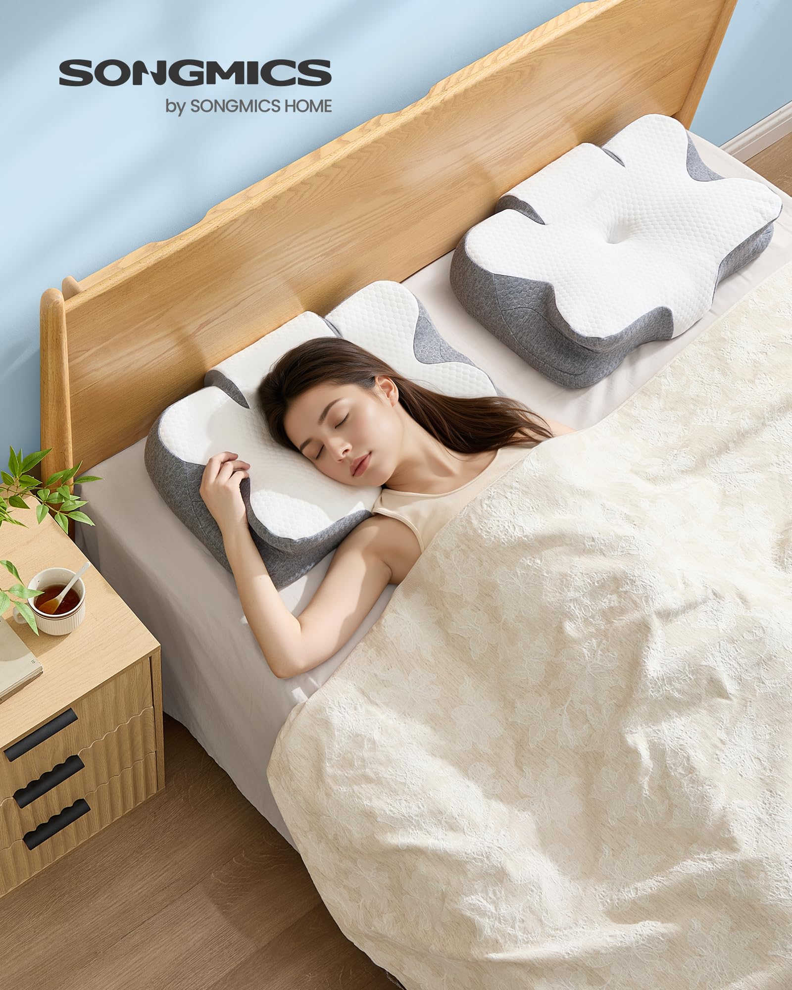 SONGMICS Kopfkissen, Kissen ergonomisch, Nackenkissen, höhenverstellbar, Schlafkissen, Memory Foam Kissen, für Seitenschläfer, Rückenschläfer & Bauchschläfer, wolkenweiß-Taubengrau TBP051GZ02 2