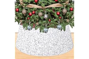 OMKSIH Shiny White Christmas Tree Collar 23.6 Inches Velvet Xmas Tree Base Sparkly Sequin Tree Skirt Box Artificial Christmas Tree Stand Covers Round Santa Tree Collars for Xmas Pine Tree Decorations