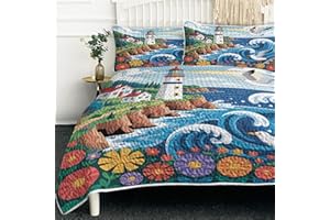 BlessLiving Nautical Theme Quilt Set 3 Pieces Floral Lighthouse Pattern Quilted Bedspread Full Vintage Theme Sea Reef Seagull