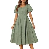 Allegra K Plaid Dress for Women Summer Smocked Back Round Neck Puff Short Sleeve Flowy Midi Dresses